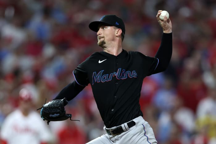 Oct 4, 2023; Philadelphia, Pennsylvania, USA; Miami Marlins starting pitcher Braxton Garrett (29) throws a pitch against the Philadelphia Phillies during the first inning for game two of the Wildcard series for the 2023 MLB playoffs at Citizens Bank Park. Mandatory Credit: Bill Streicher-USA TODAY Sports